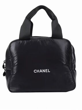 Chanel Black Puffer Cosmetic Vanity Bag Zip Top Mini Tote